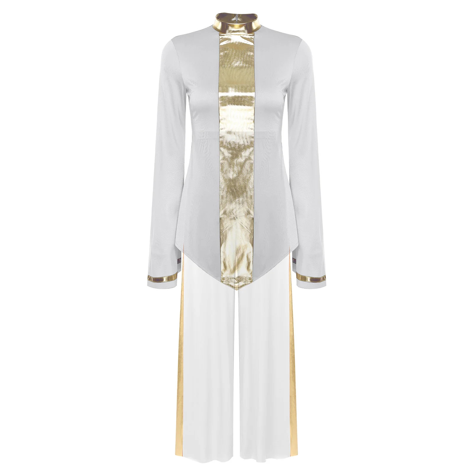 المرأة الحديثة الغنائية الثناء ملابس الرقص جوقة الكنيسة العبادة الليتورجية زي طويل الأكمام قميص معدني مع السراويل الطويلة