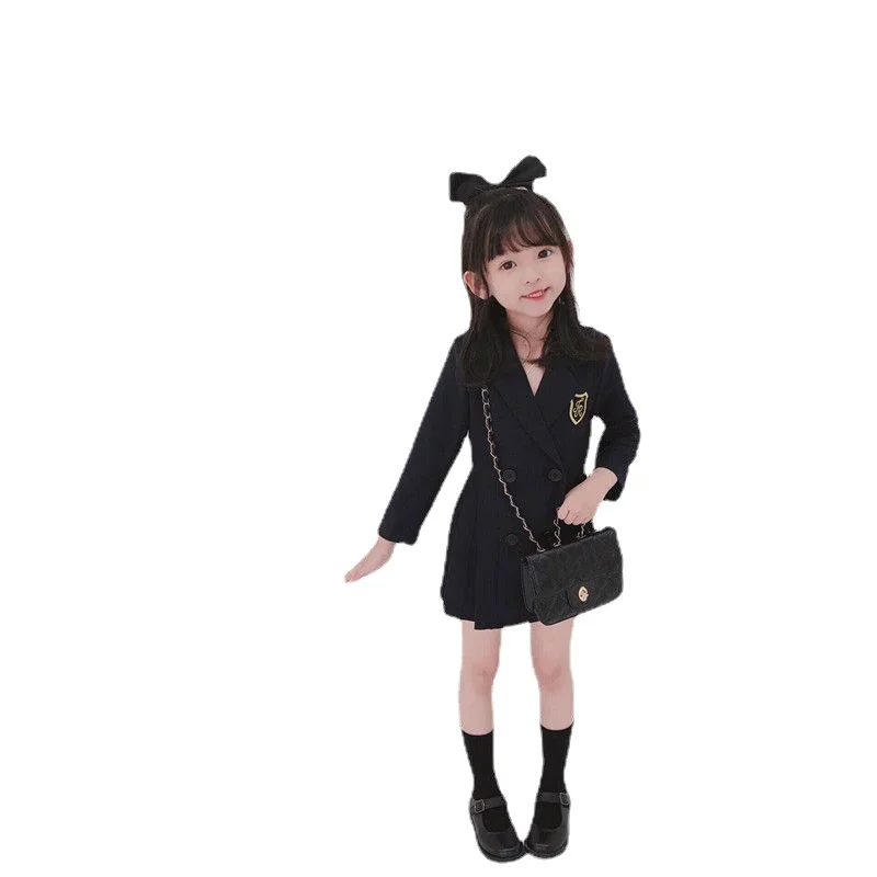 Girls Fashion Suit Dress 2023 Autumn Baby Girl College Style Double-breasted Long-sleeved Pleated Dress Children's Clothing