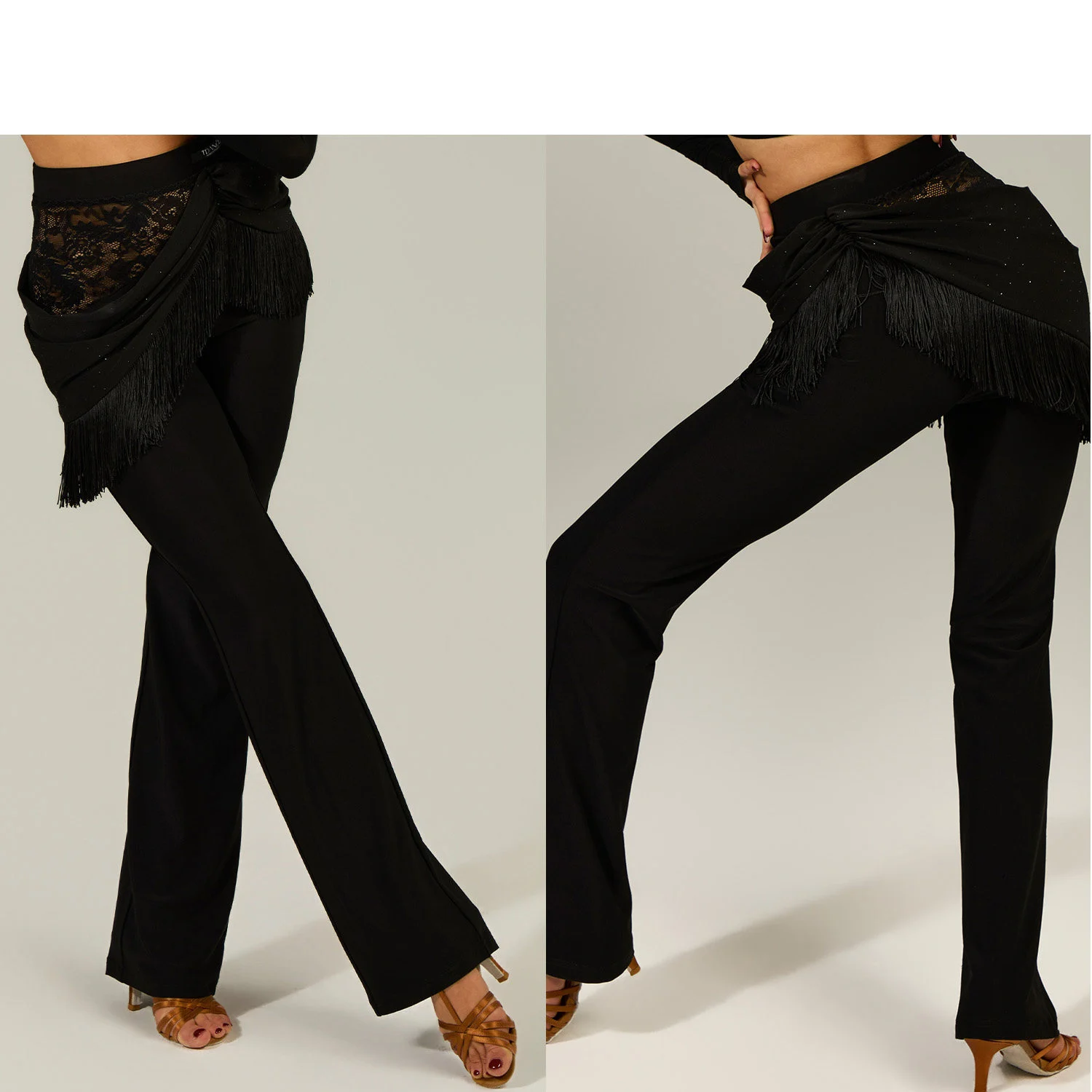 

Одежда для латинских танцев ча-ча для взрослых, черные топы с длинными рукавами, кружевные брюки с бахромой, женская одежда для румбы, сальсы, бальных танцев DNV26345