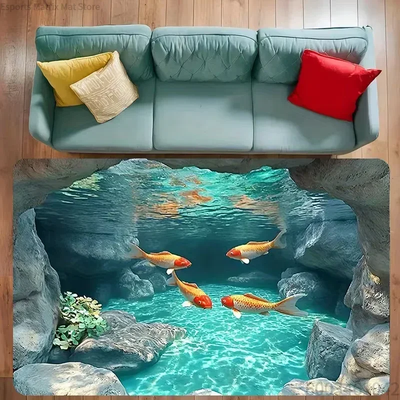 Koi Fish Design Rug Machine Washable Aquatic Theme Non‑slip Mat Living Room Bedroom All Season Home Fashion Decor