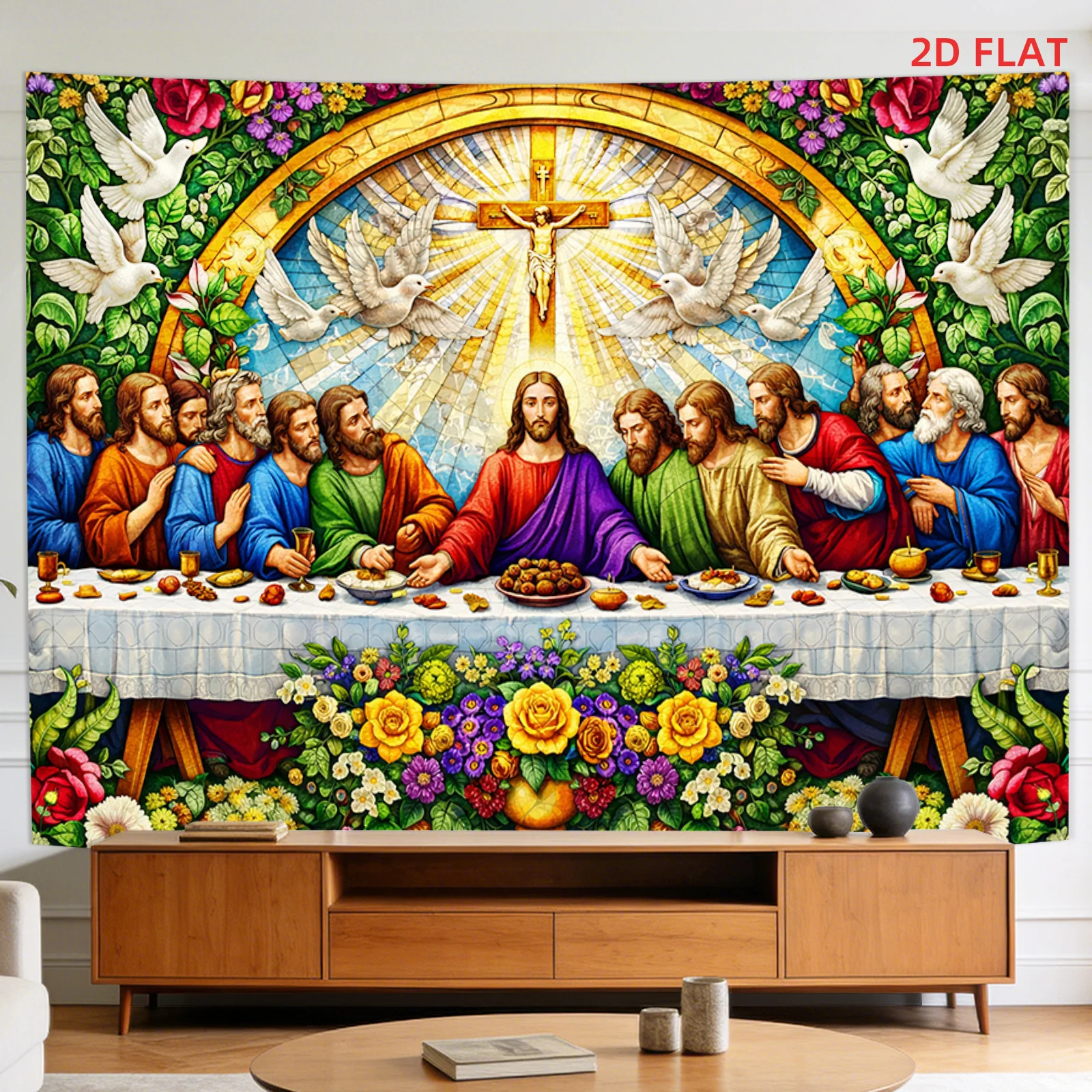 VIKAMA Colored Flower Edition Last Supper Tapestry Colorful Religious Mural Wind Music Lover Rock Metal Band Decor