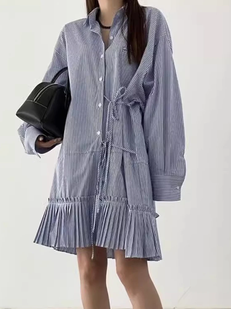 Retro Chic Autunno Lungo Sve Striped Dr Loose Fit Fisarmonica Piega Lato Legato Patchwork Allentato Colletto rovesciato Coreano Sle