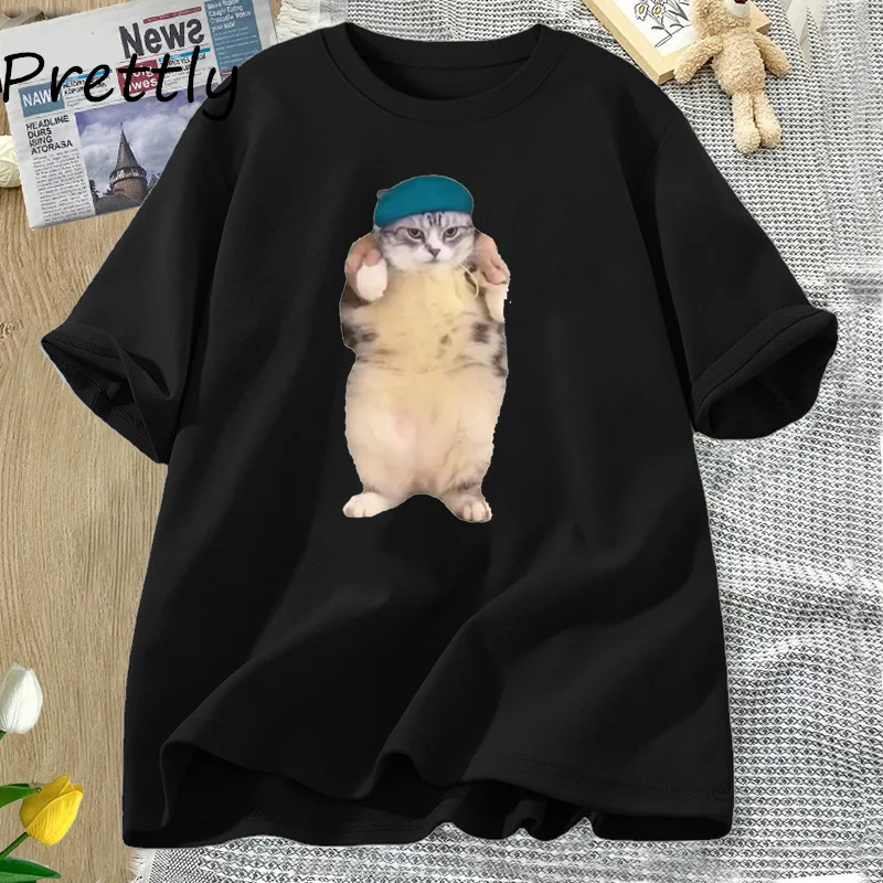 Cat Dances Girlfriend Song Memes Funny Graphic T Shirts Cotton Short Sleeve Women's T-shirt Unisex Cat Lover Tshirt Clothes