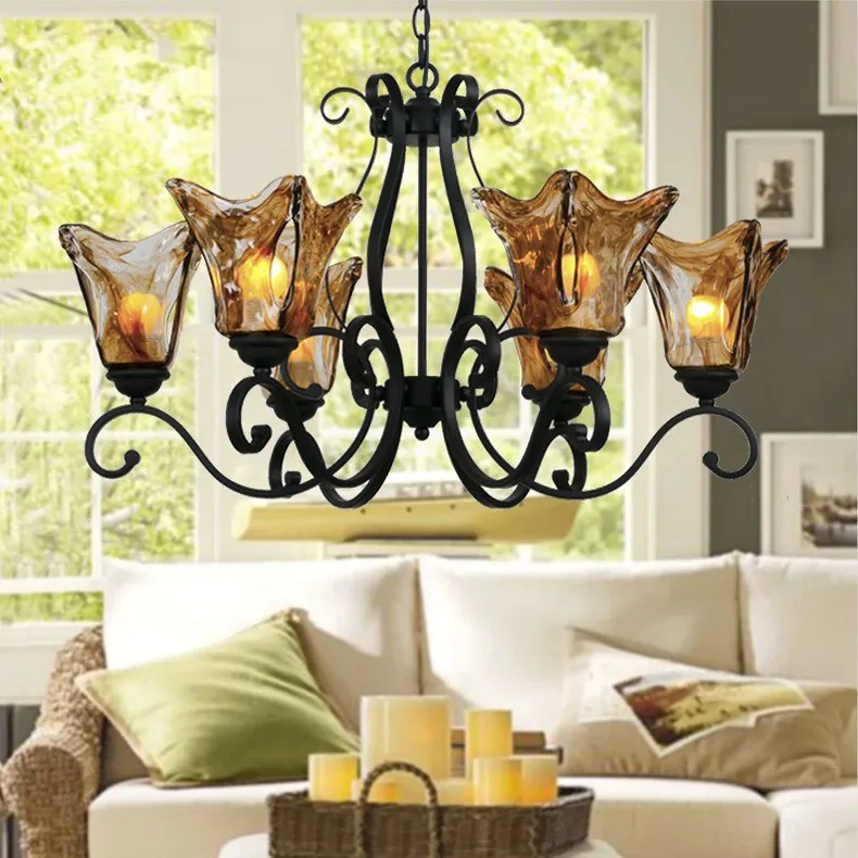 Mediterranean living room pendant lamp, American lamp, bedroom lamp, amber glass brown cover, iron art lamp