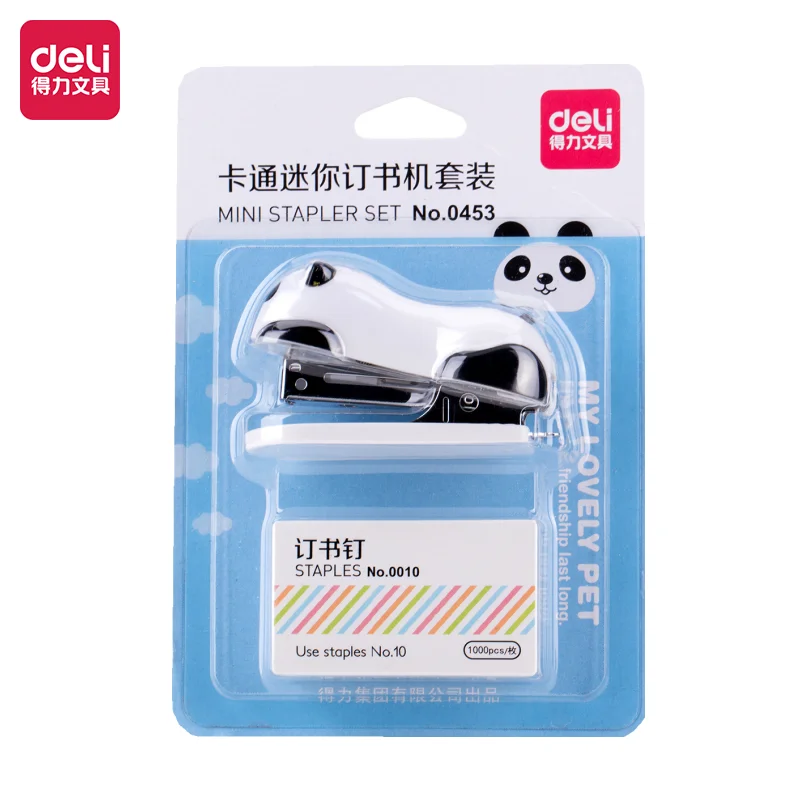 Deli Mini Panda Set Stapler kartun lucu portabel kecil NO.10 Staples kertas mengikat perlengkapan sekolah alat tulis kantor accecories