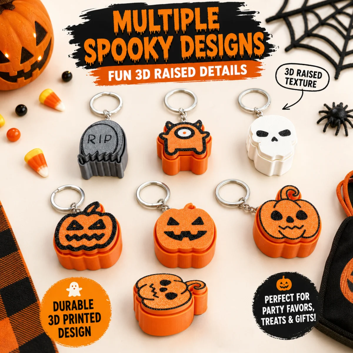 1Pc Mixed Halloween Character Button Clicker Key Ring,Eco‑Friendly PLA 3D Printed Decor,Portable Stress Relief Toy Ornament Gift