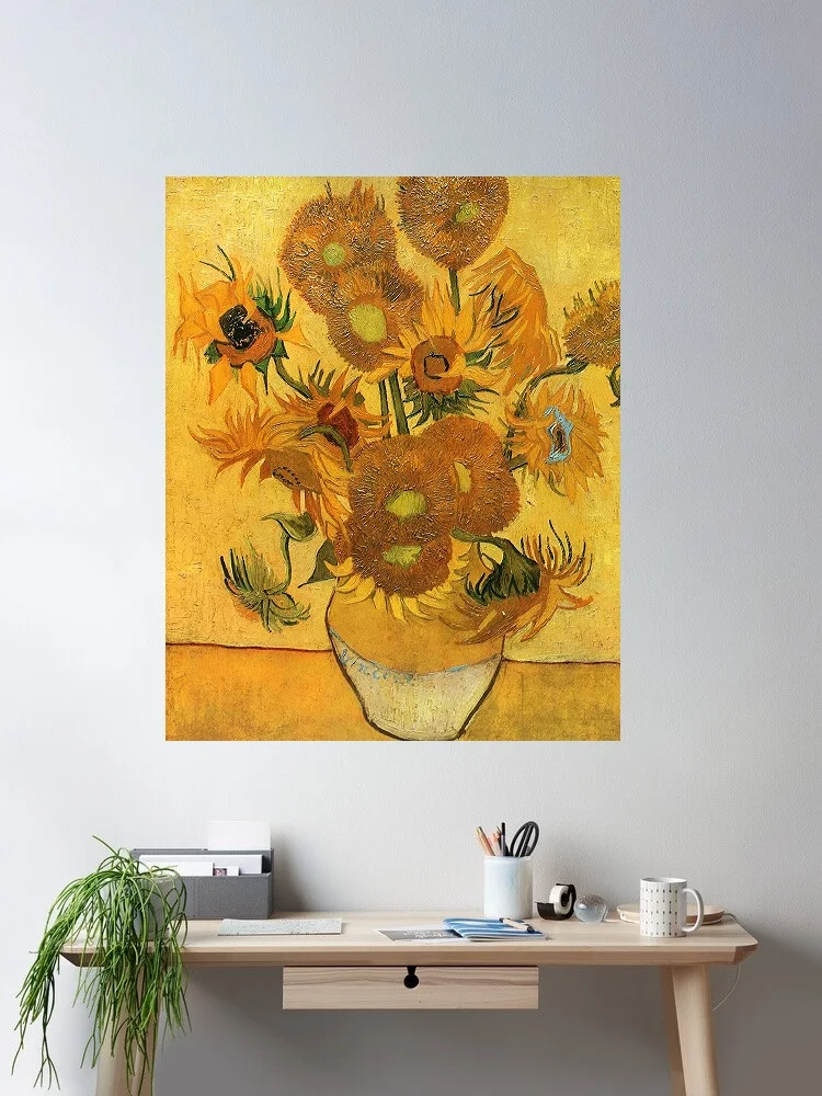 Vase with Fifteen Sunflowers, Print Art Canvas Poster, For Living Room Decor Home Wall Picture