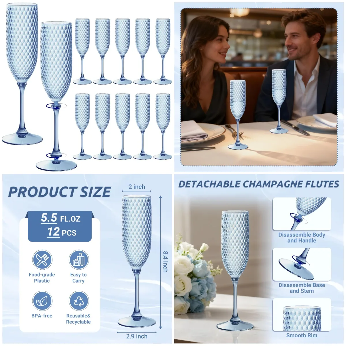 

Синие пластиковые флейты для шампанского, 12 шт., 5,5 унции, небьющиеся, не содержащие BPA, для свадьбы, вечеринки, бара Mimosa