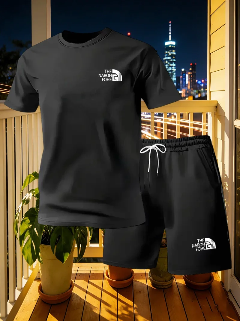 Summer European American Men's Fashion Style Casual Sports Two-piece Set Simple and Fashionable Short Sleeved T-shirt+shorts Set