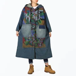 Denim Hooded Windbreaker Women Spring Autumn Printed Cowboy Long Trench Casual Korean Arts Style Outerwear Loose Denim Cardigan