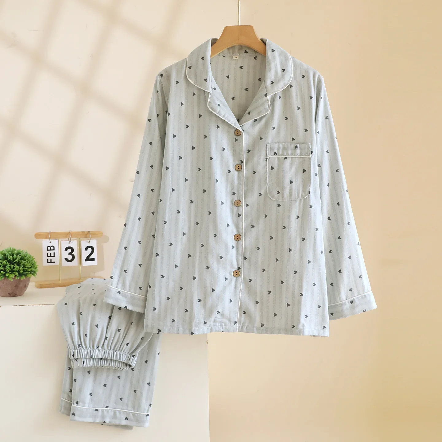 

2025 Spring and Autumn Women's Pajama Set 100% Cotton Gauze Vertical Strip Love Long Sleeve Two piece Home Clothing Set