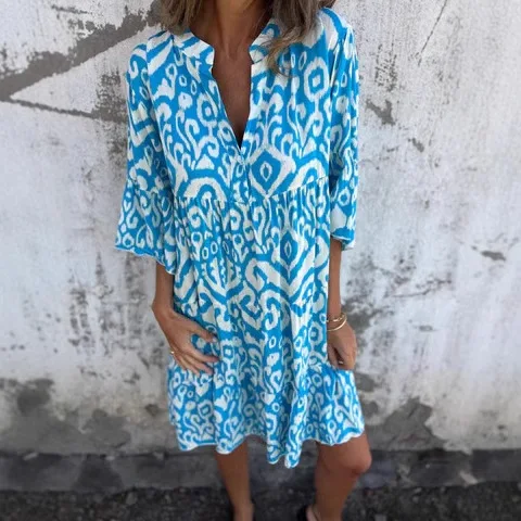 فضفاض عادية بوهو فستان مُزين بطباعة موضة الخامس الرقبة نصف كم مطوي ألف خط فساتين الربيع عطلة نمط الملابس النسائية