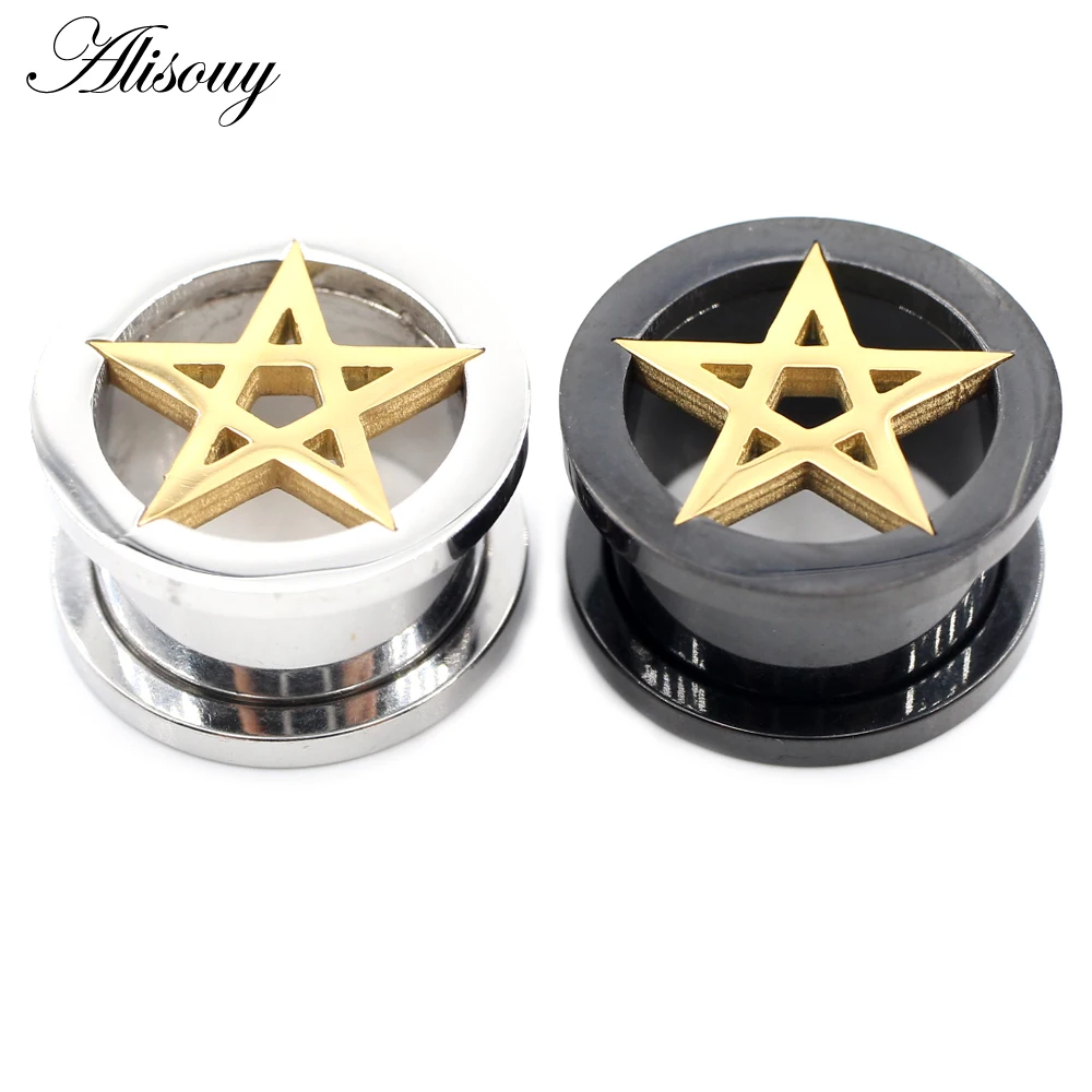 Alisouy 2PCS Edelstahl Emaille Stern Schraube Runde Ohr Messgeräte Tunnel Plugs Expander Keil Ohrringe Piercing Körper Schmuck