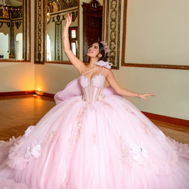 

Light Pink Quinceanera Dresses Off the Shoulder Glitter Decal Beads Layering Long tail Bow Vestido e 15 Quinceanera Customize