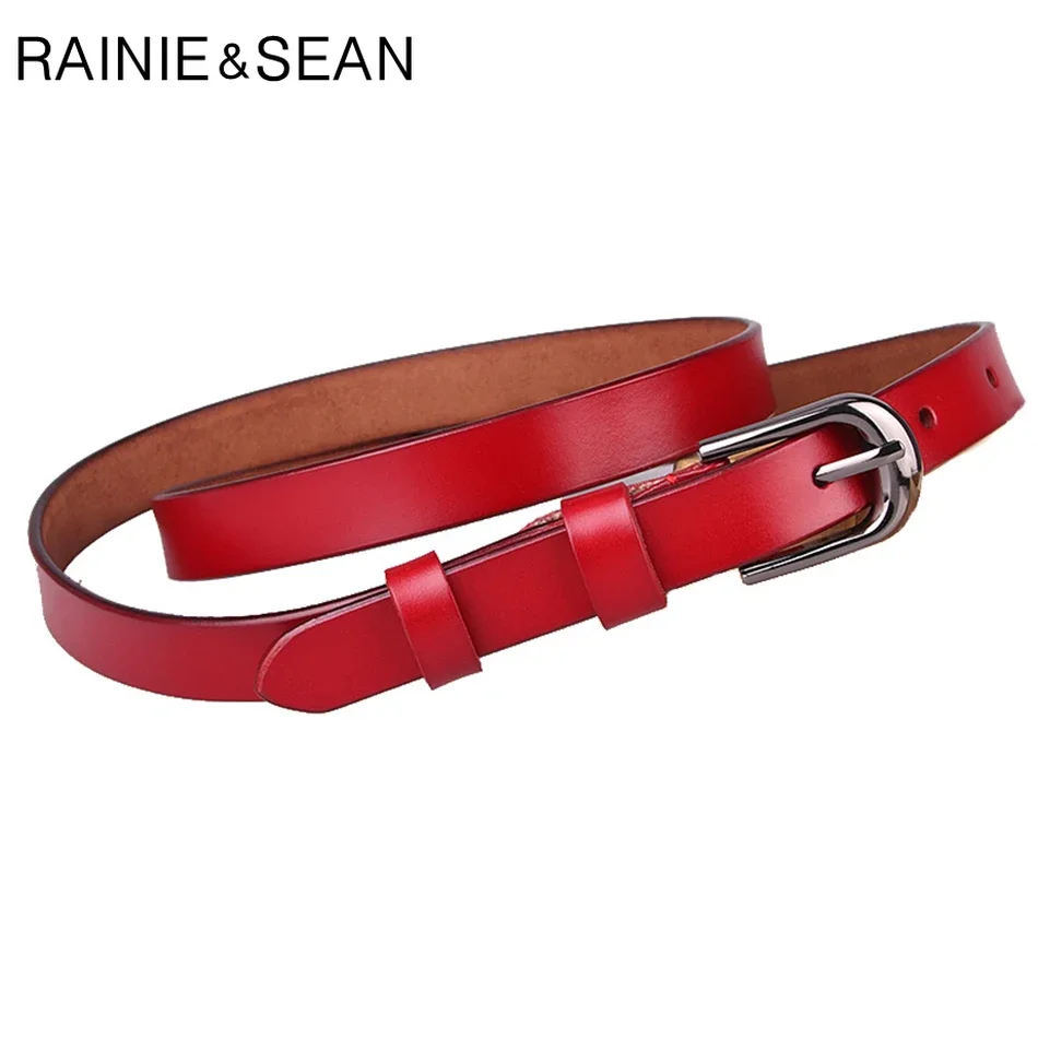 RAINIE SEAN Red sabuk kasual wanita kulit sapi asli sabuk antik gesper Pin Fashion Solid sabuk celana panjang kulit asli wanita