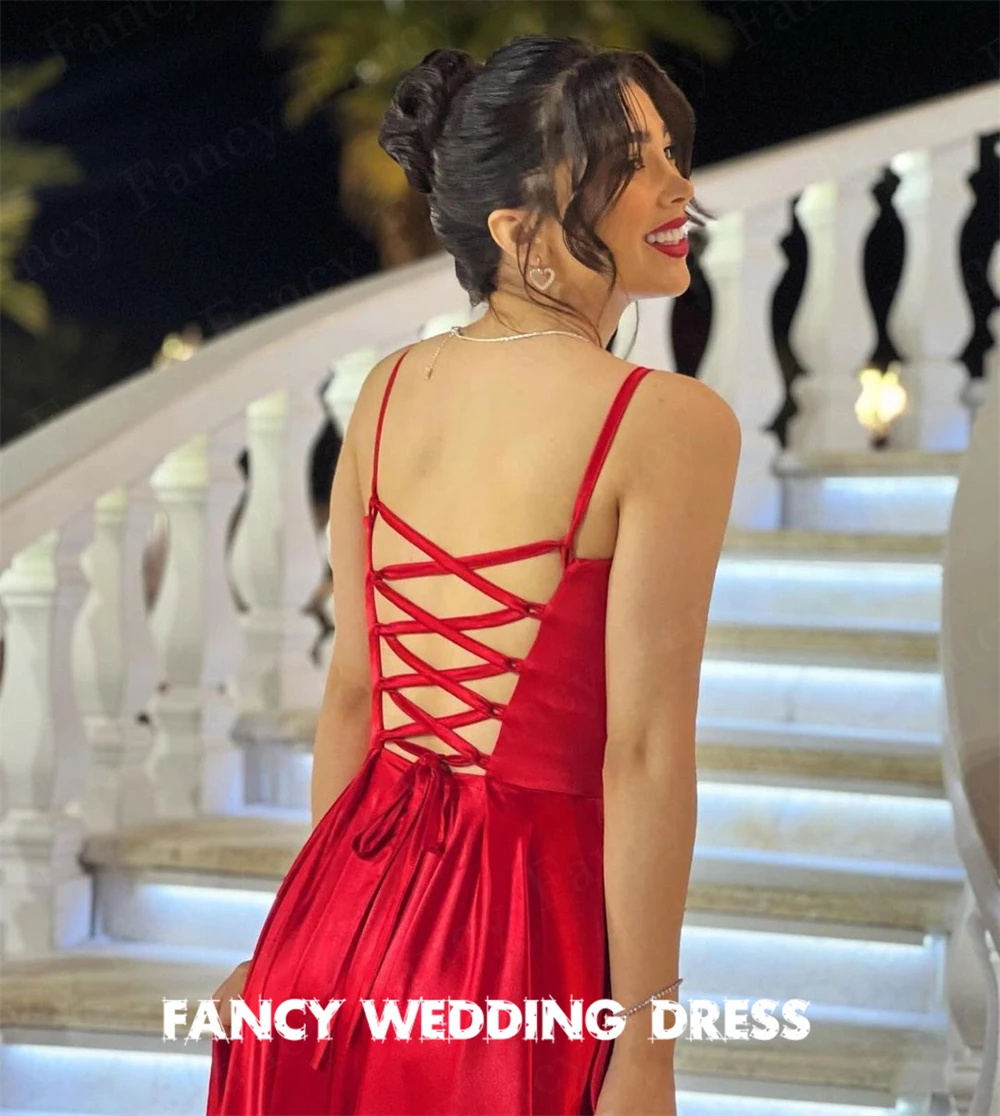 Fancy Elegant Red Square Neck Evening Dress Spaghetti Straps A Line High Split Prom Gown Prom Gown Floor Length Formal Dresses