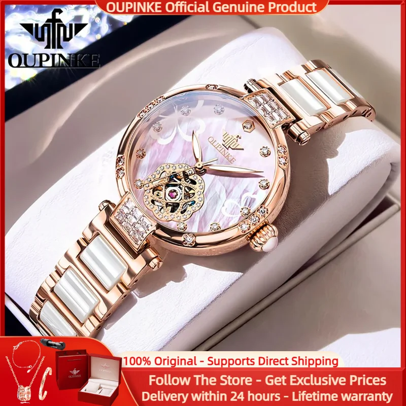 OUPINKE 3183 Women Watch Luxury Hollow Elegant Diamond Rose Gold Ceramic Strap Women All Automatic Mechanical Watch Reloj Mujer