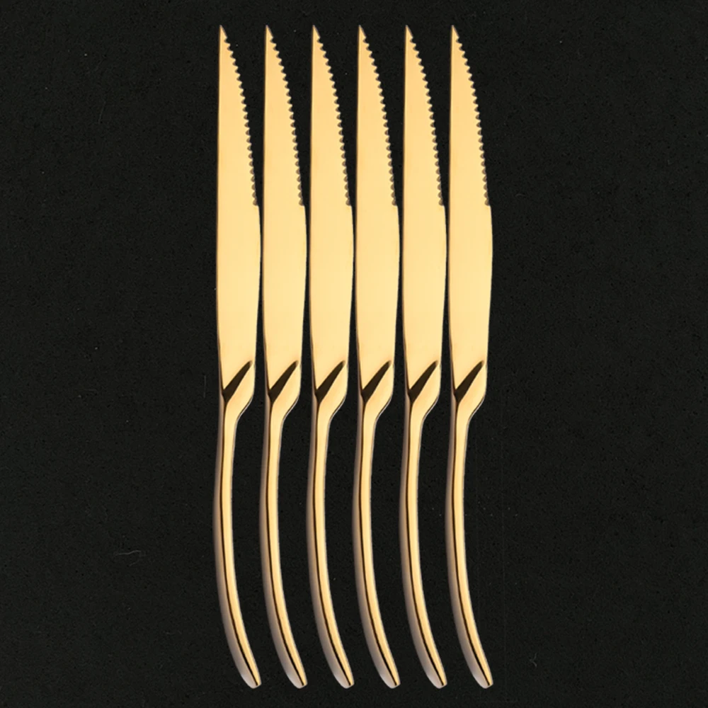 

6Pcs/Set Mirror Gold Flatware Set 18/10 Stainless Steel Cutlery Set Sharp Steak Knives Dinnerware Set Table Knives Tableware Set