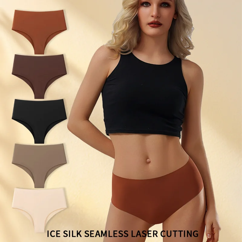 Women's Plus-Size Seamless Ice Silk Panties Low-Rise Briefs Breathable Quick-Drying Cotton Crotch Ideal for Yoga Sports Panties