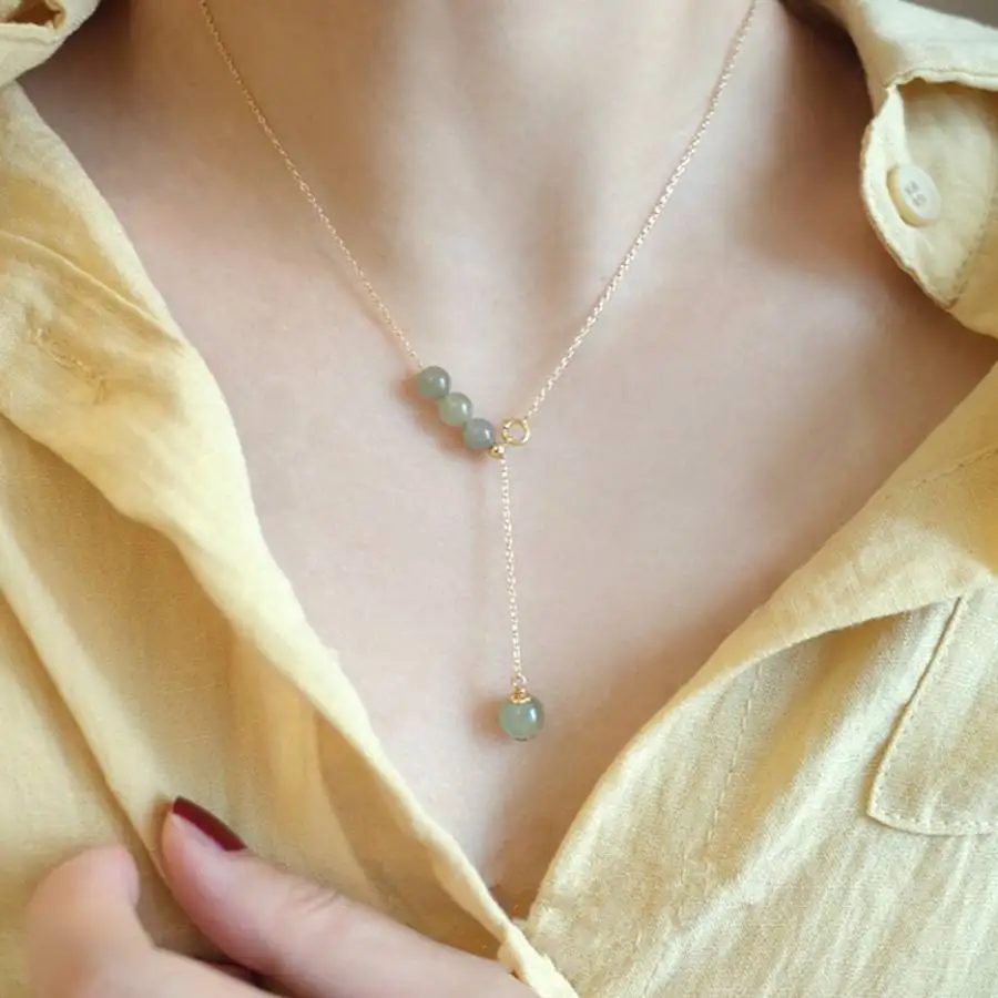 

Handmade Genuine Hetian Jade Beaded Adjustable Lariat Necklace Gold Tone Chain Fashion Jewelry Gift for Her