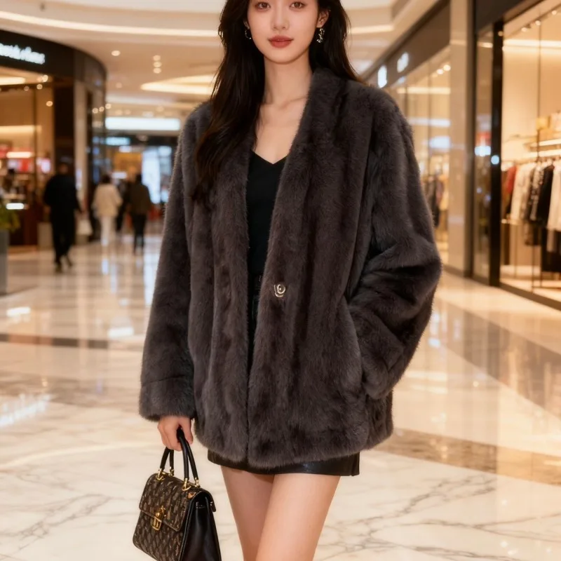 Women High-end New Imitation Mink V-neck Fluffy Coat Cardigan Women's 2026 Winter Thin Fashion Warm and Loose Coat Top Tide