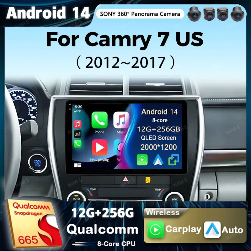 Android 14 Car Radio Android Auto For Toyota Camry 7 XV 50 55 US Version 2012-2017 Carplay Multimedia Player Stereo 48EQ GPS DSP