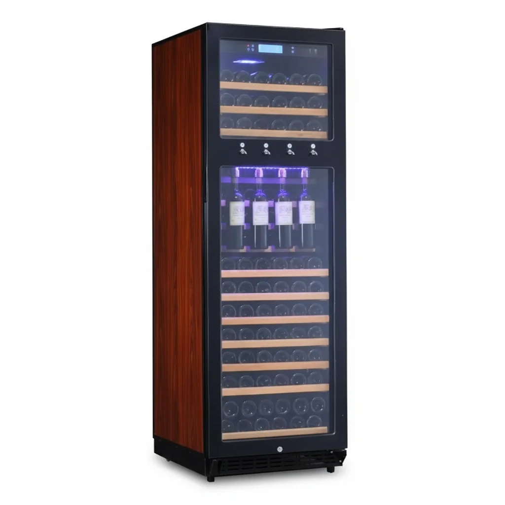 Wine Dispenser Refrigerator, 4 Bottle Compressor Wine Cooler, Glass Door Beverage Cellar, Beech Wood Home Bar Fridge