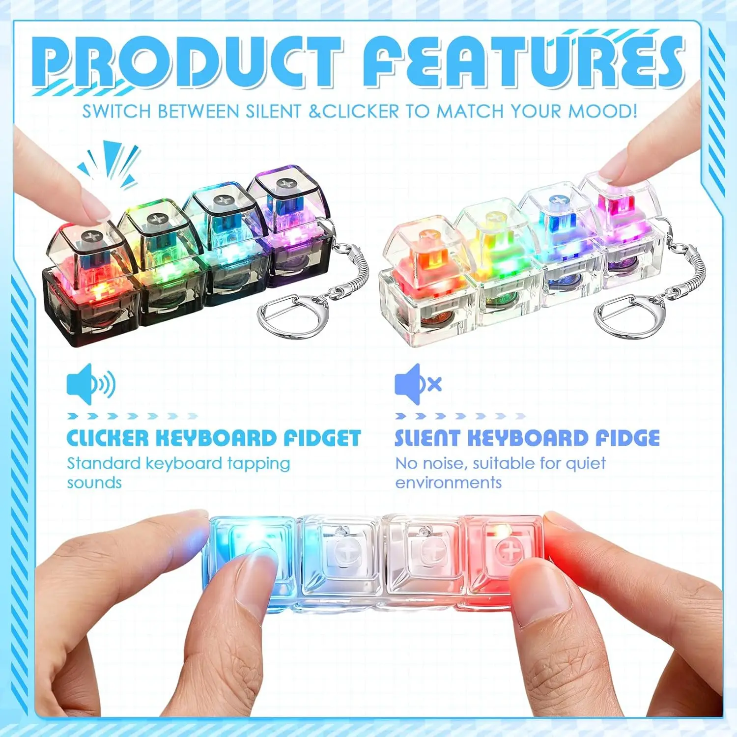 Portable LED Light Up Keychain Fidget Toy Clickable Button Keyboard Design for Stress Anxiety Relief Office Desk Decor Fun Gift