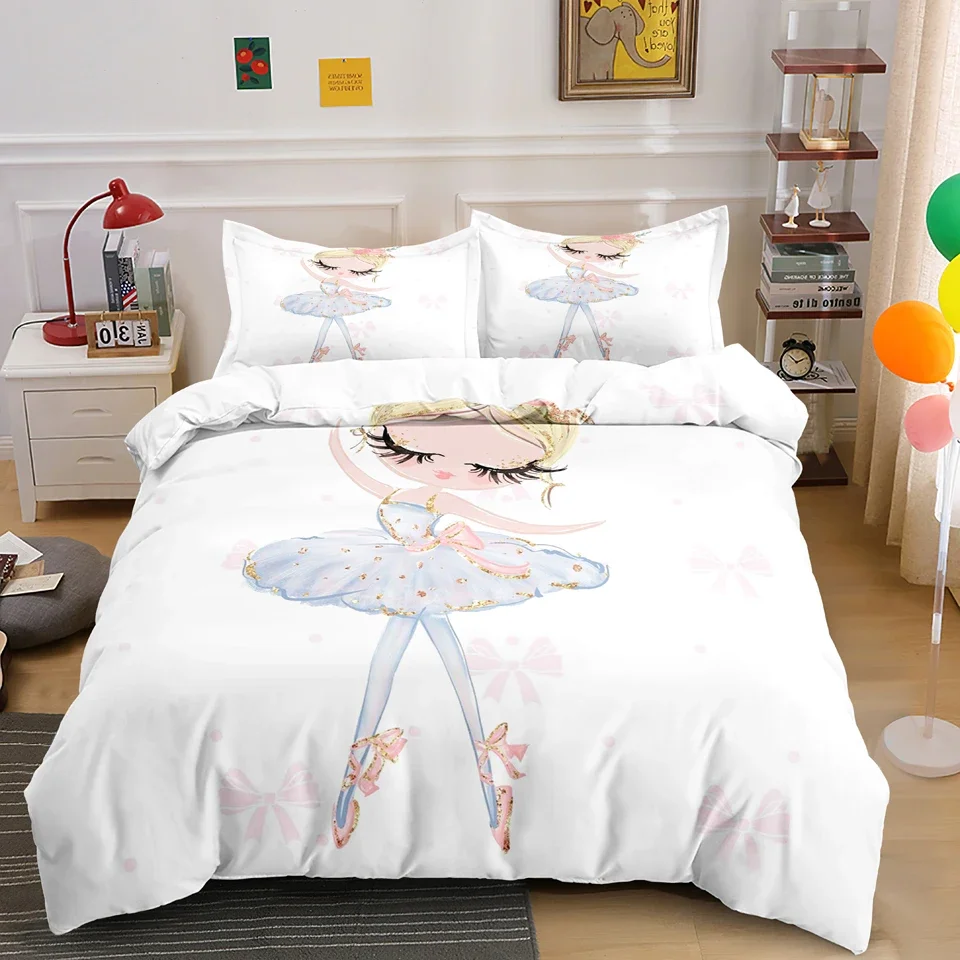 Ballet Dancer Girl Duvet Cover Set White Princess Bedding Set Cute Cartoon Bedclothes Queen King Size Polyester Comforter Cover