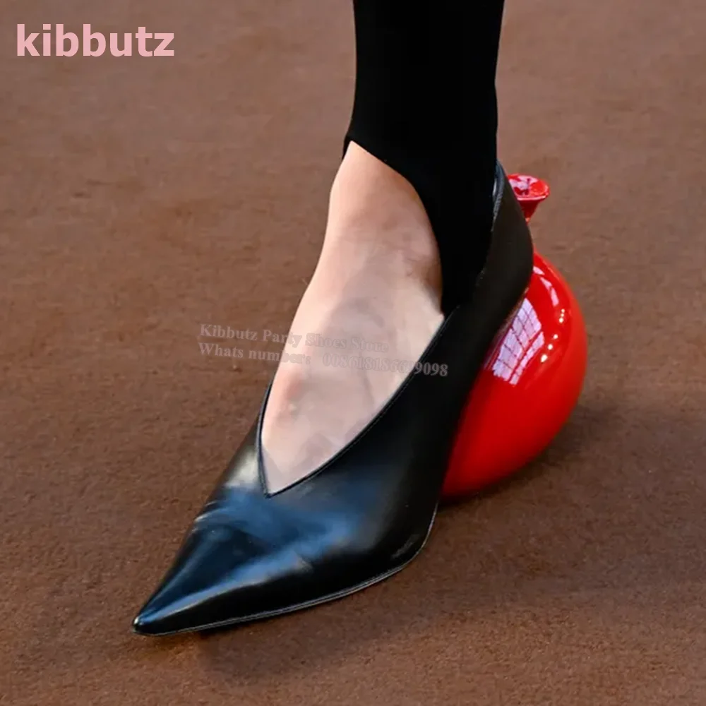 Apple Strange Heel Pumps Pointed Toe Genuine Leather Mixed Color Black And Red Slip-On Fashion Runway Show Women Shoes Newest