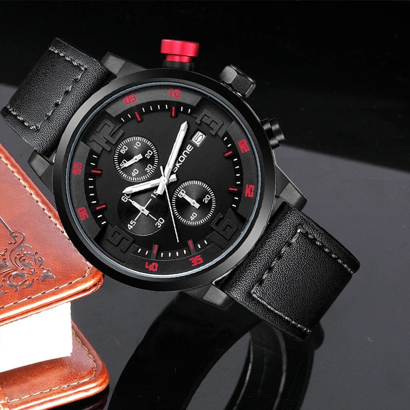 

SKONE Спортивные водонепроницаемые модные многофункциональные кожаные модные мужские кварцевые часы