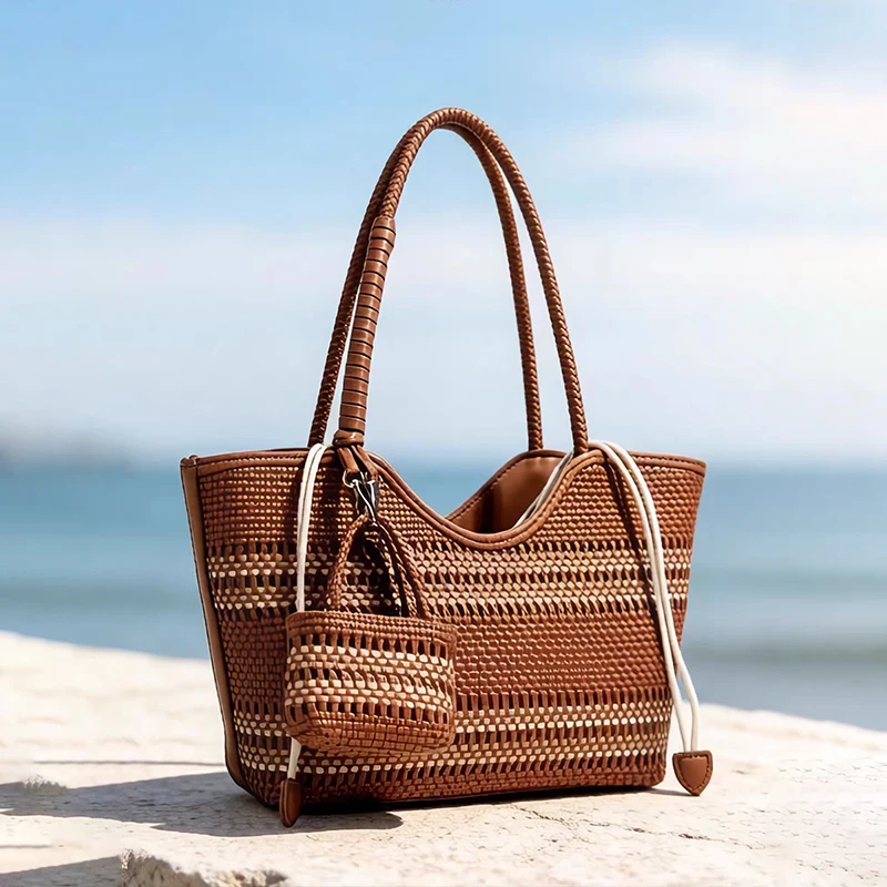 Korean Handmade Knitted Bag Large Capacity Fashion Tote Bag Retro Casual Vacation Beach Shoulder Bag Daily Commute Handbag