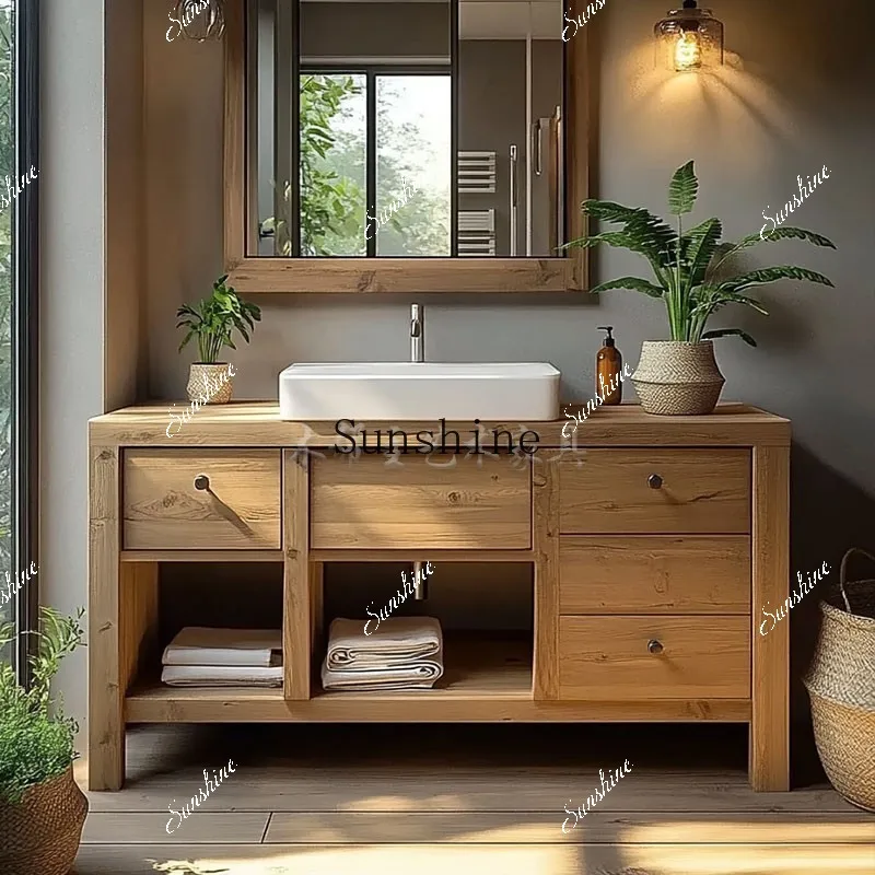 

Wabi Sansan bathroom cabinet combination retro washbasin integrated solid wood original ecology FT