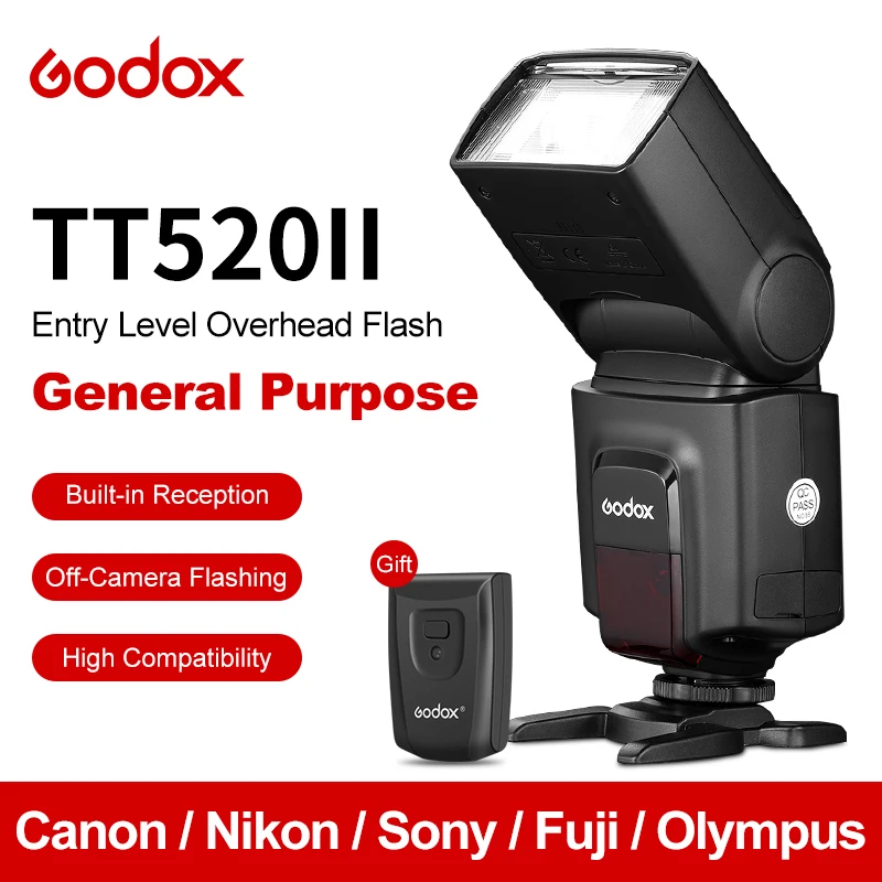 

Вспышка Godox TT520 II TT520II со встроенным беспроводным сигналом 433 МГц + триггер вспышки для цифровых зеркальных камер Canon Nikon Pentax Olympus