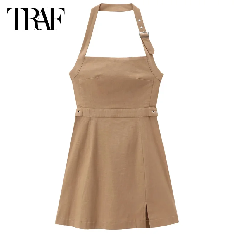 TRAF Mini Halter Buckles Dress Women Sleeveless Backless Dress Summer 2024 Fashion Khaki Back Zipper Vestidos High Street Dress