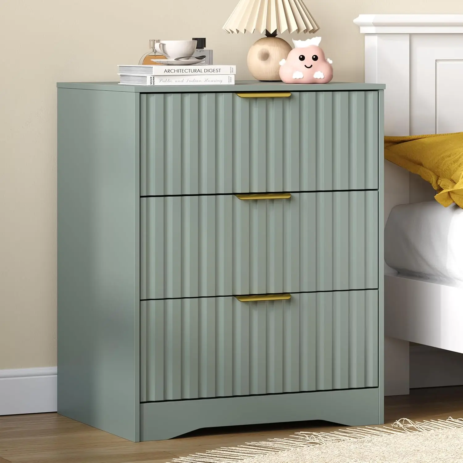 3-Drawer Fluted Dresser Nightstand with Storage, Green, Customized