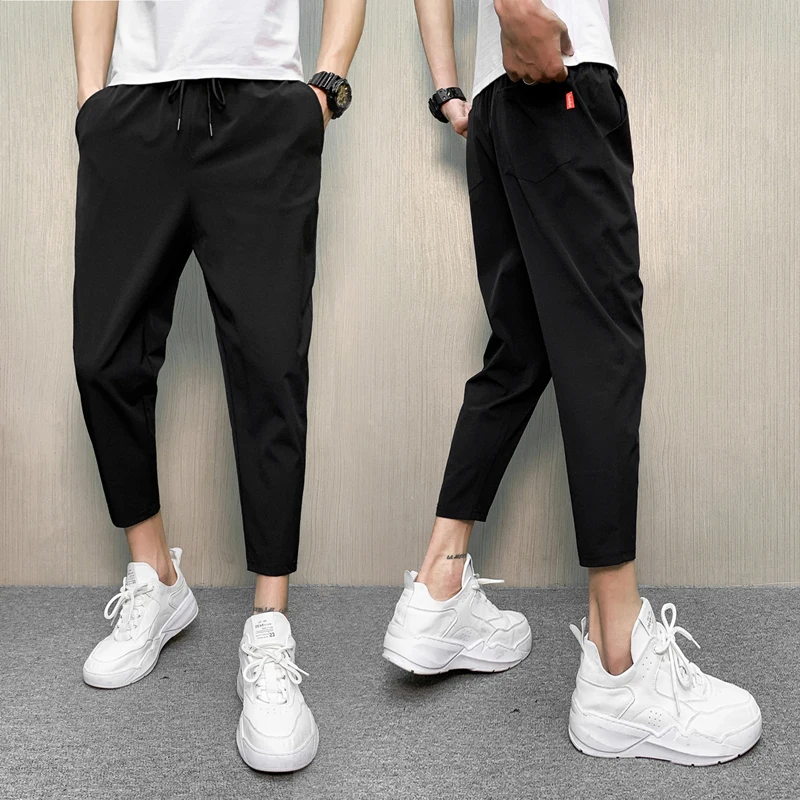 Men's Summer Thin Ice Silk Casual Pants Korean Faion Trendy All-Match Slim Nine-Piece Pants plus Size Extra Large