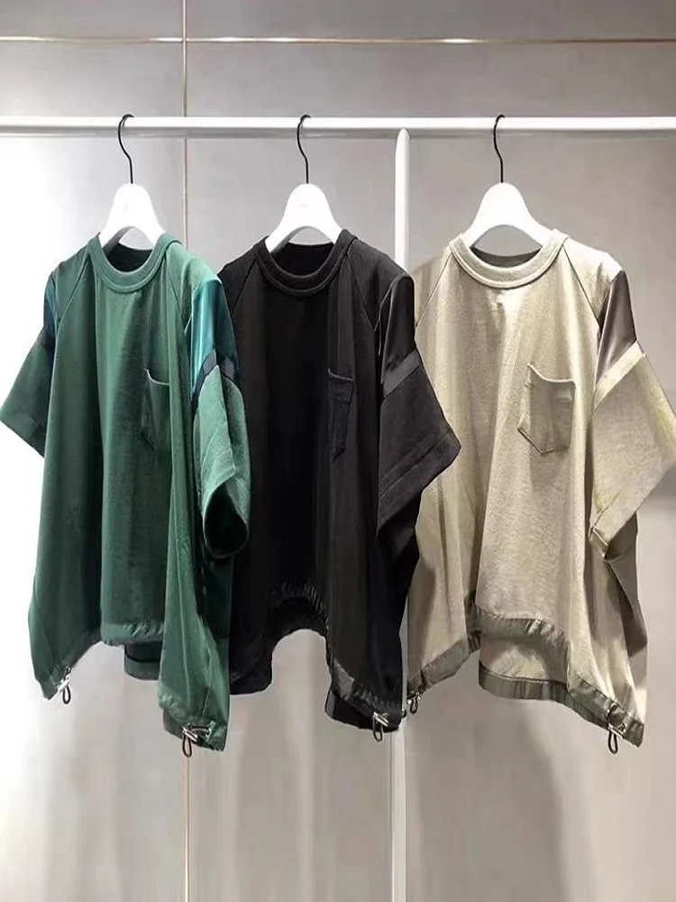 

FOG SACAI Women's Loose Fit Casual ort Sve T-irt Summer 2024 New Sle Spliced Design Comfortable Cotton Polyester Blend