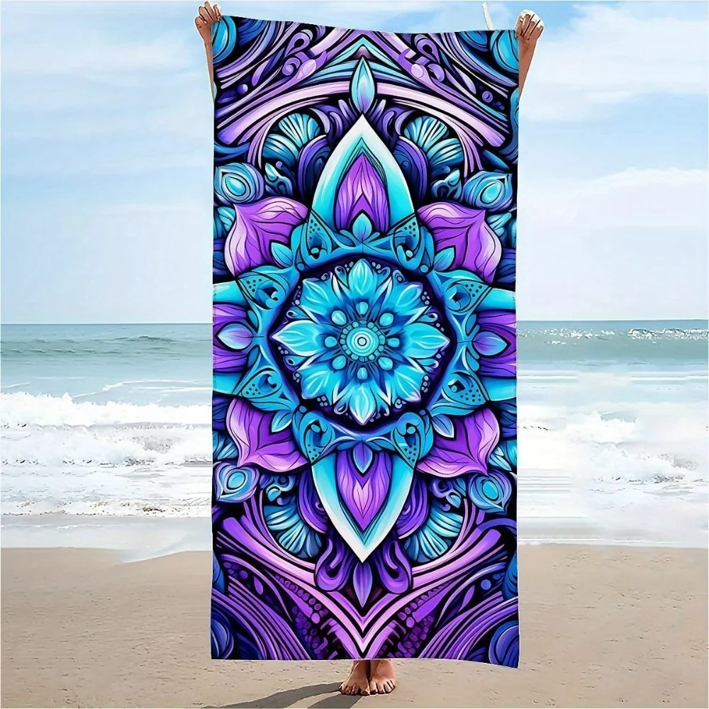 1pc Vibrant Mandala Beach Towel - Quick-Dry, Absorbent Microfiber with Intricate Blue & Purple Design, Perfect for Summer Fun