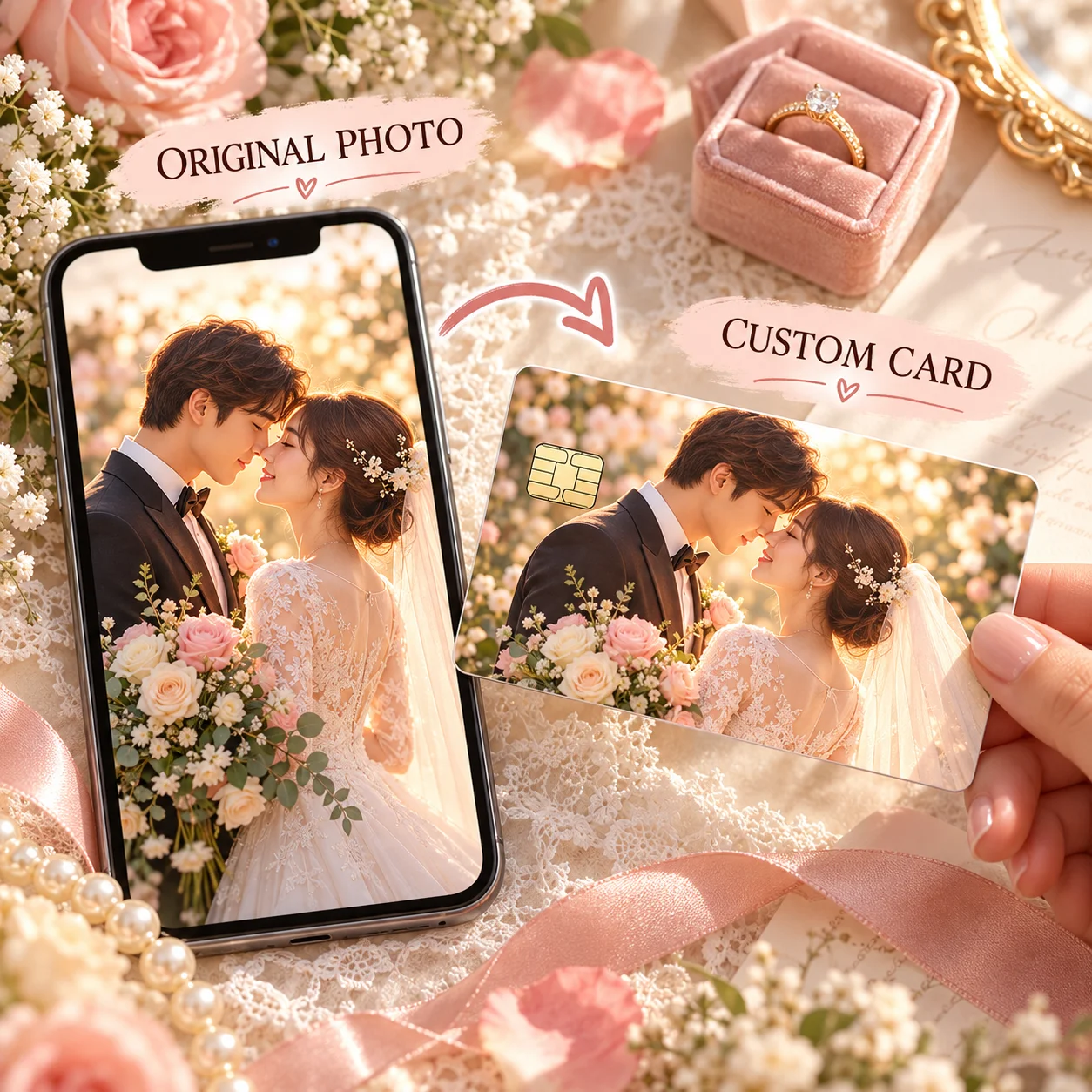 Custom Credit Card Skin 4PCS Personalized Photo Self Adhesive Vinyl Waterproof Couple Keepsake Best Gift for Debit Bank ID Card