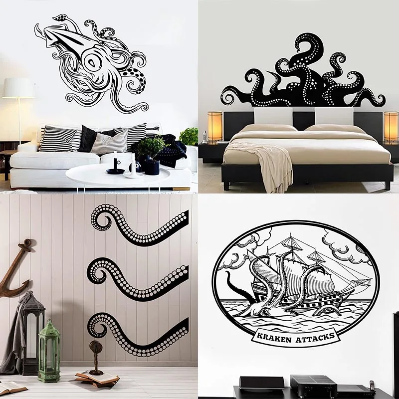 Giant Squid Tentacles Octopus Kraken Sea Monster Black Wall Art Decal Sticker Removable Vinyl Transfer Stencil Mural Home Decor