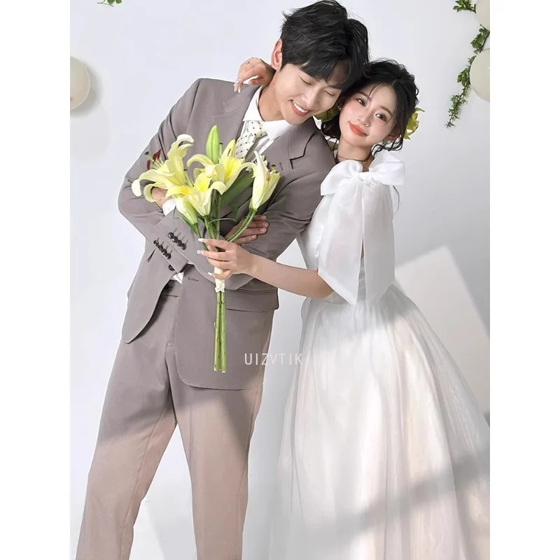 Простые корейские длинные свадебные платья трапециевидной формы с бантом для фотосессии из мягкого атласа с круглым вырезом Элегантные свадебные платья웨딩드레스 По индивидуальные корсеты 2025 Новинка