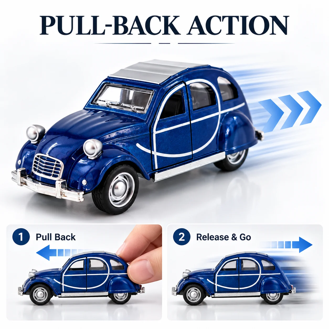 (Corrugated box) 1/36 scale, Vintage Rounded Compact Old-Timer style toy car, powerful spring, metal casting, boy's toy, the bes