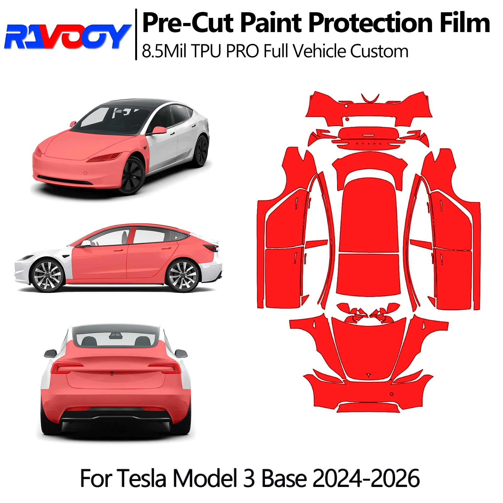 For Tesla Model 3 Base 2024-2026 Precut PPF 8.5Mil Full Vehicle Kit Paint Protection Film TPU Clear Front Bumper Hood Doors Kit