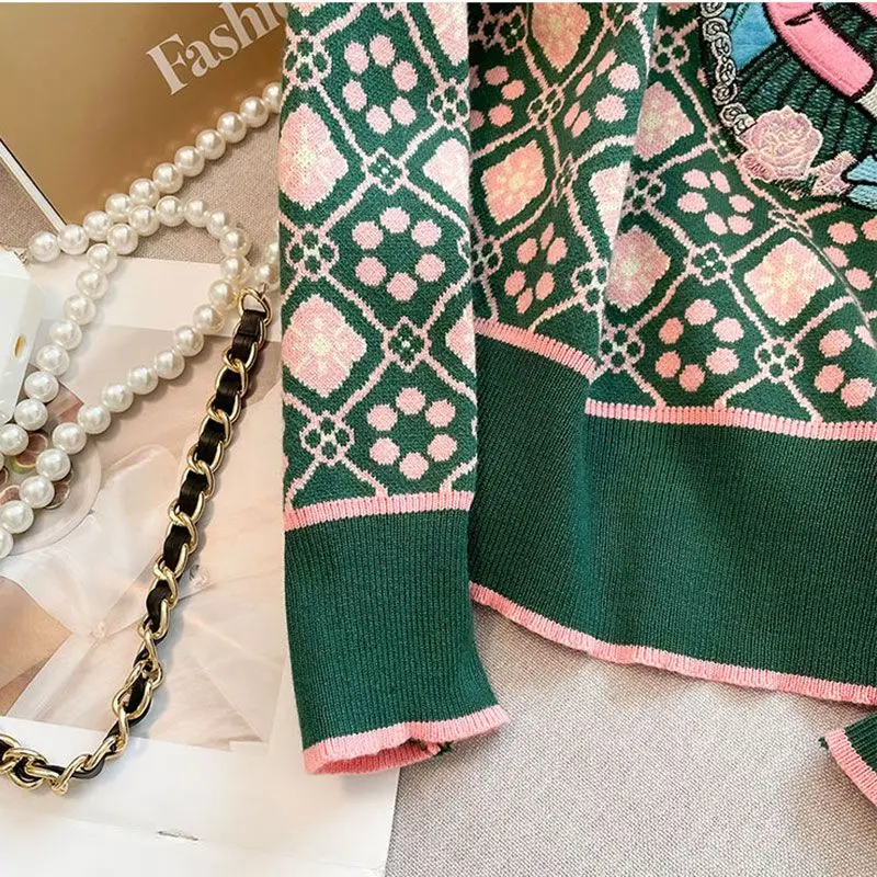 Haft Cat Vintage akrylowa dzianina O-Neck sweter z długim rękawem sweter damski swetry damskie topy odzież damska moda