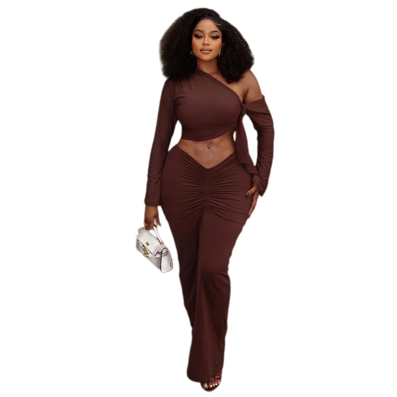 Women's One-Shoulder Diagonal Collar Long Sleeve Bowknot Bandage Crop Tops & Pleated Hips Wrapped Long Skirt, Solid Color