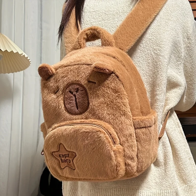 Large capacity Capybara Plush Backpack, Cute Cartoon Animal Print Faux Fur Bag, Zippered Pouch for Women, Ideal Christmas Gift