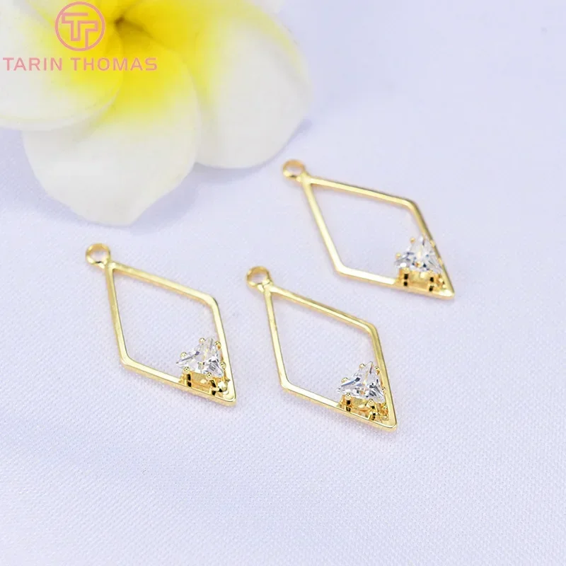 (1161)6PCS 14x27MM 24K Gold Color Plated Brass Zircon  with Zircon Pendants Charms High Quality DIY Jewelry Making Findings