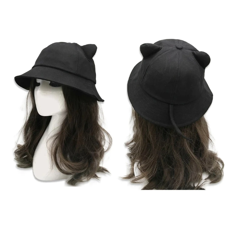 634C Cartoon for Cat Ear Tail Fisherman Hat Sweet Basin Hat Wide Brim for Girlfr