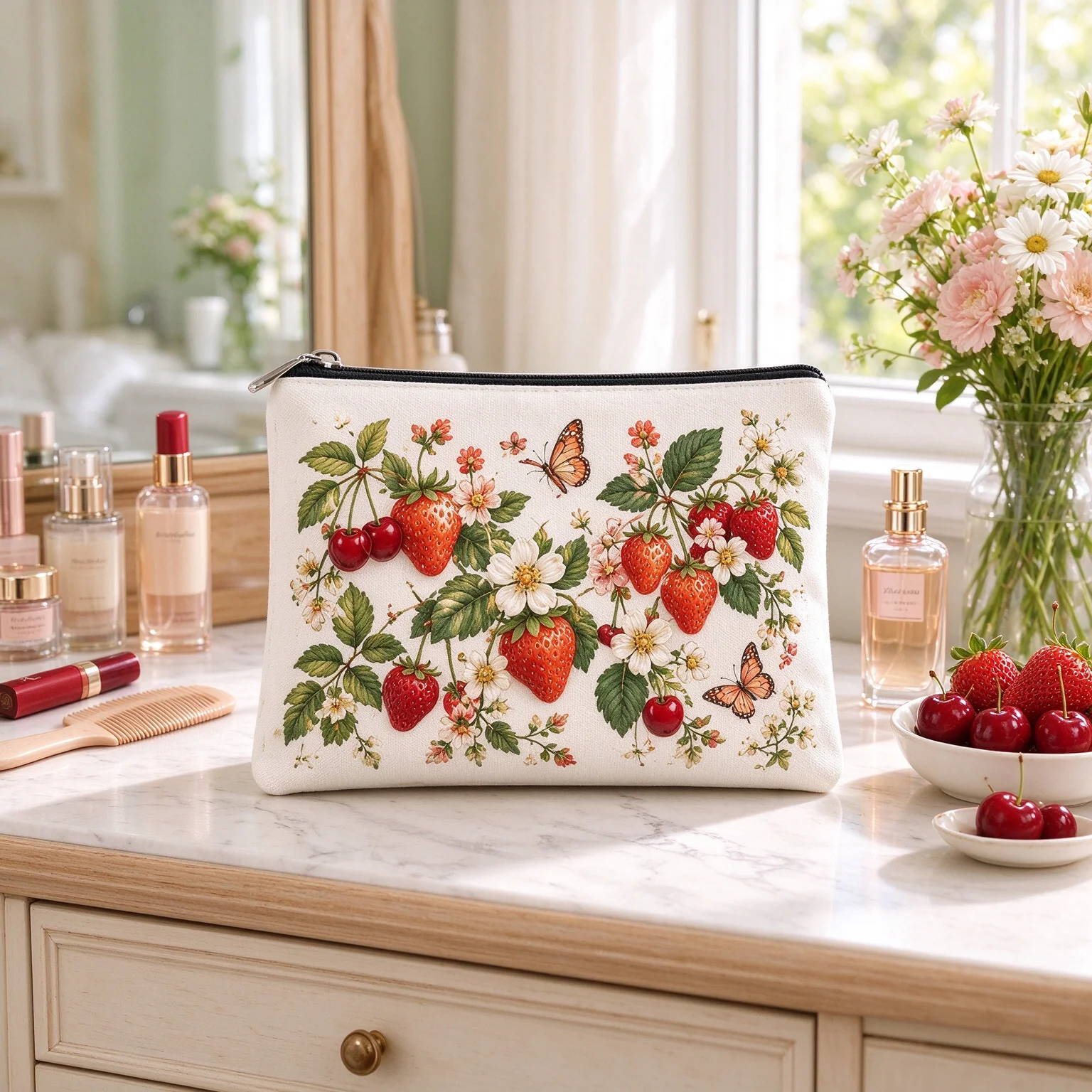 Strawberry Cherry Floral Canvas Cosmetic Bag Cottagecore Fruit Garden Print Travel Toiletry Pouch Makeup Organizer Bag for Women
